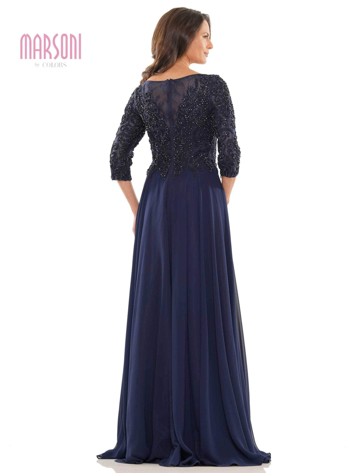 Marsoni by Colors - Quarter Sleeve Embroidered Lace Bodice A-Line Chiffon Gown MV1052 - view 4