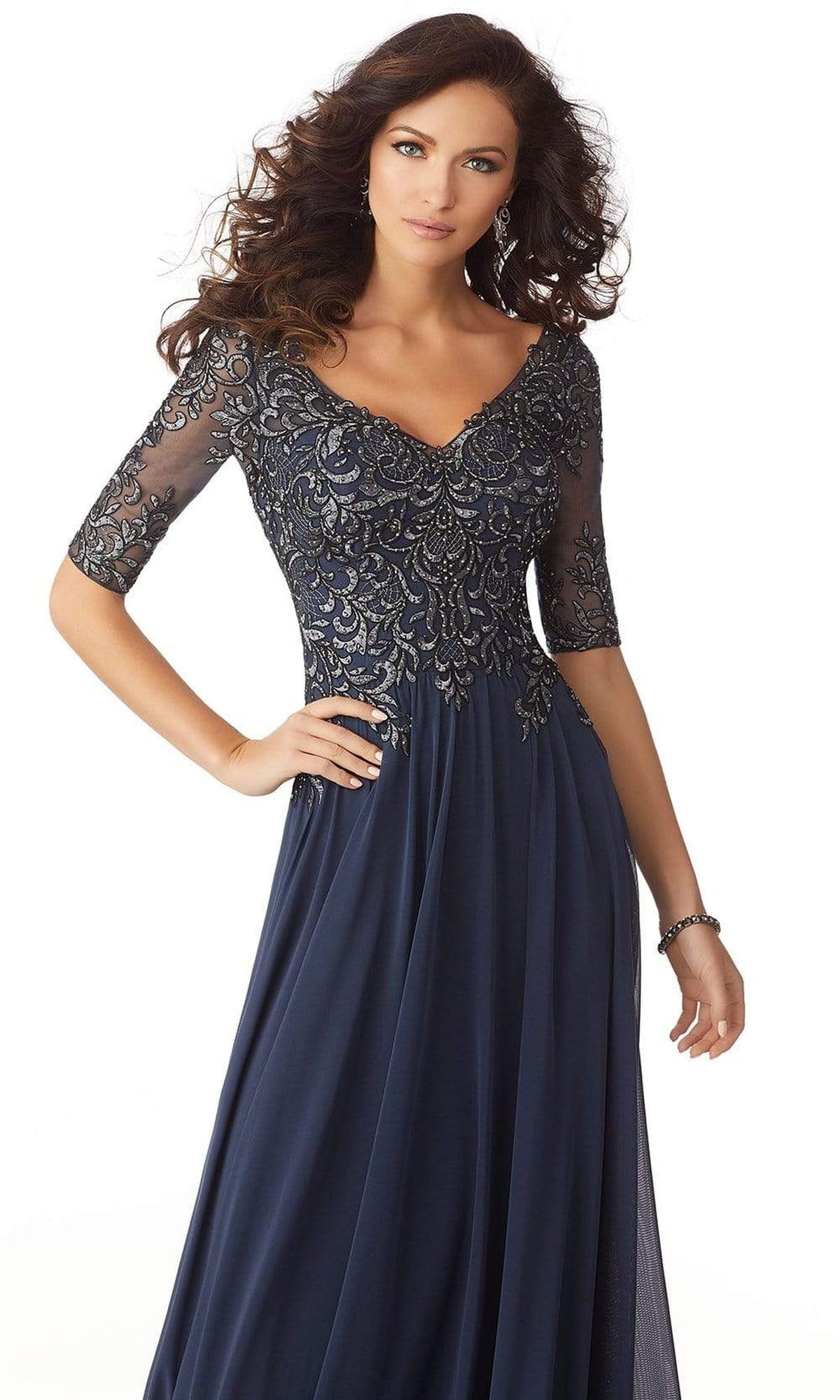 MGNY By Mori Lee - 71805 Embroidered V-neck A-line Gown