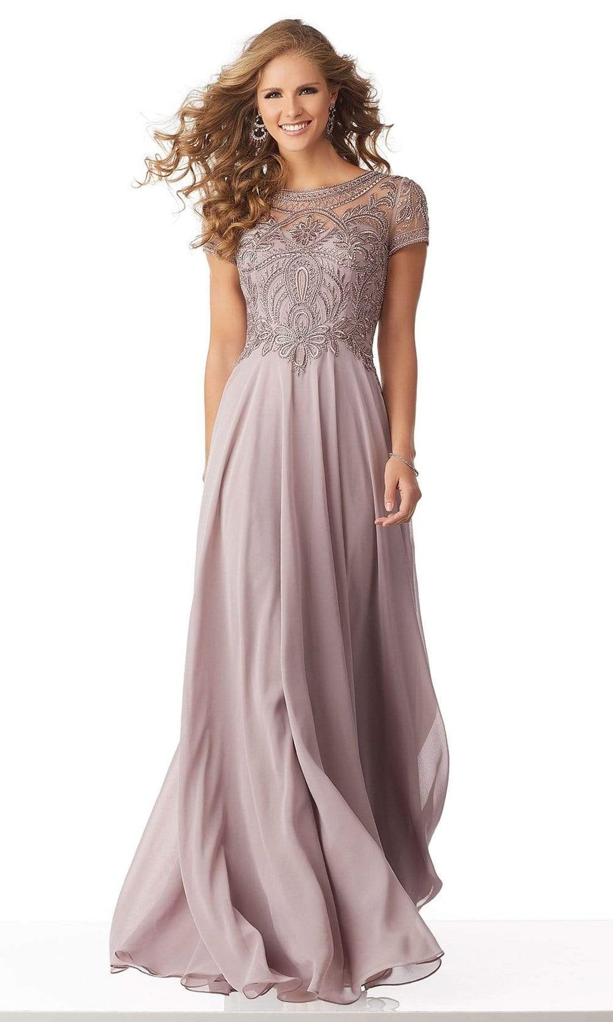 MGNY By Mori Lee - 71824 Embellished Bateau Chiffon A-line Dress