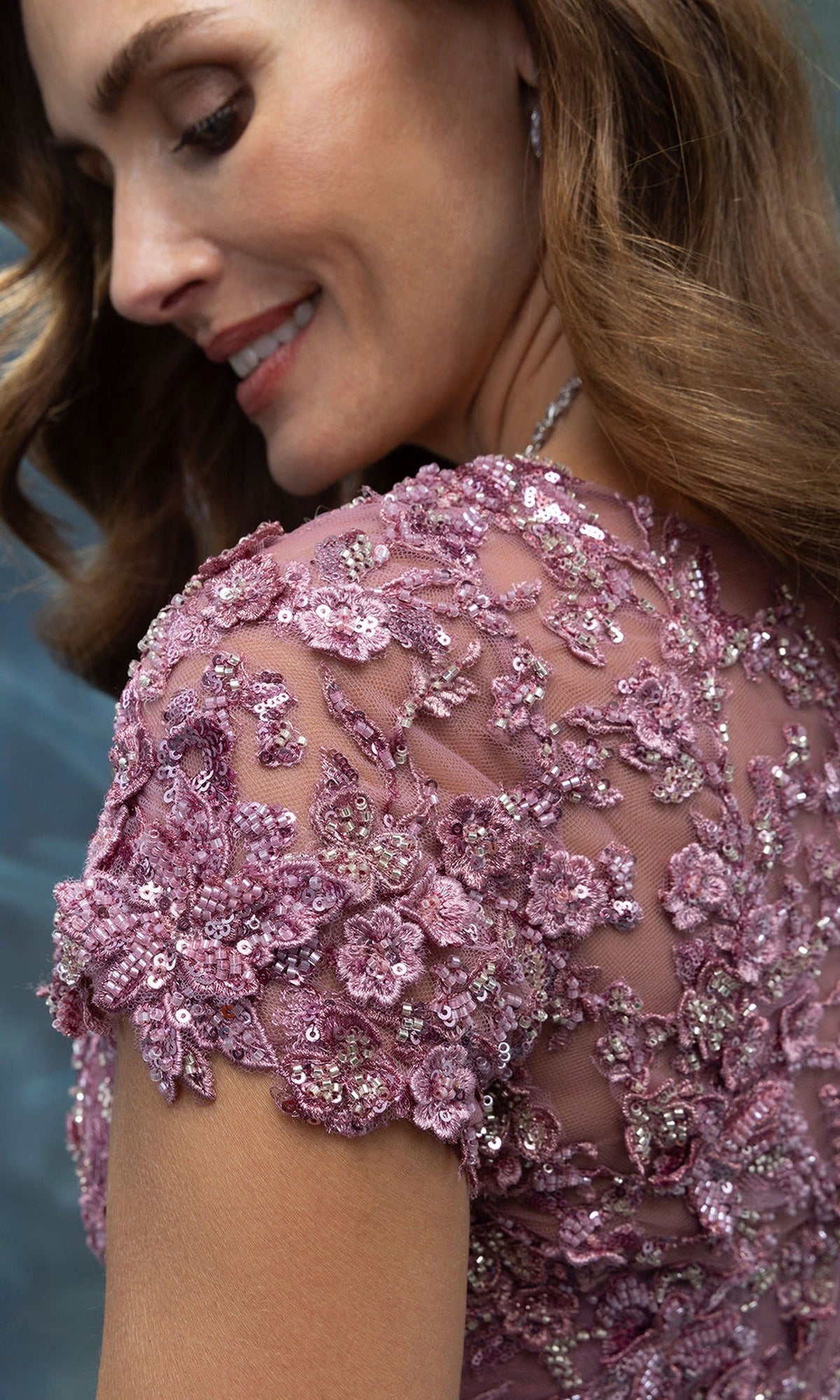 MGNY By Mori Lee 2070023 - Hand Beaded Short Sleeve Chiffon Gown