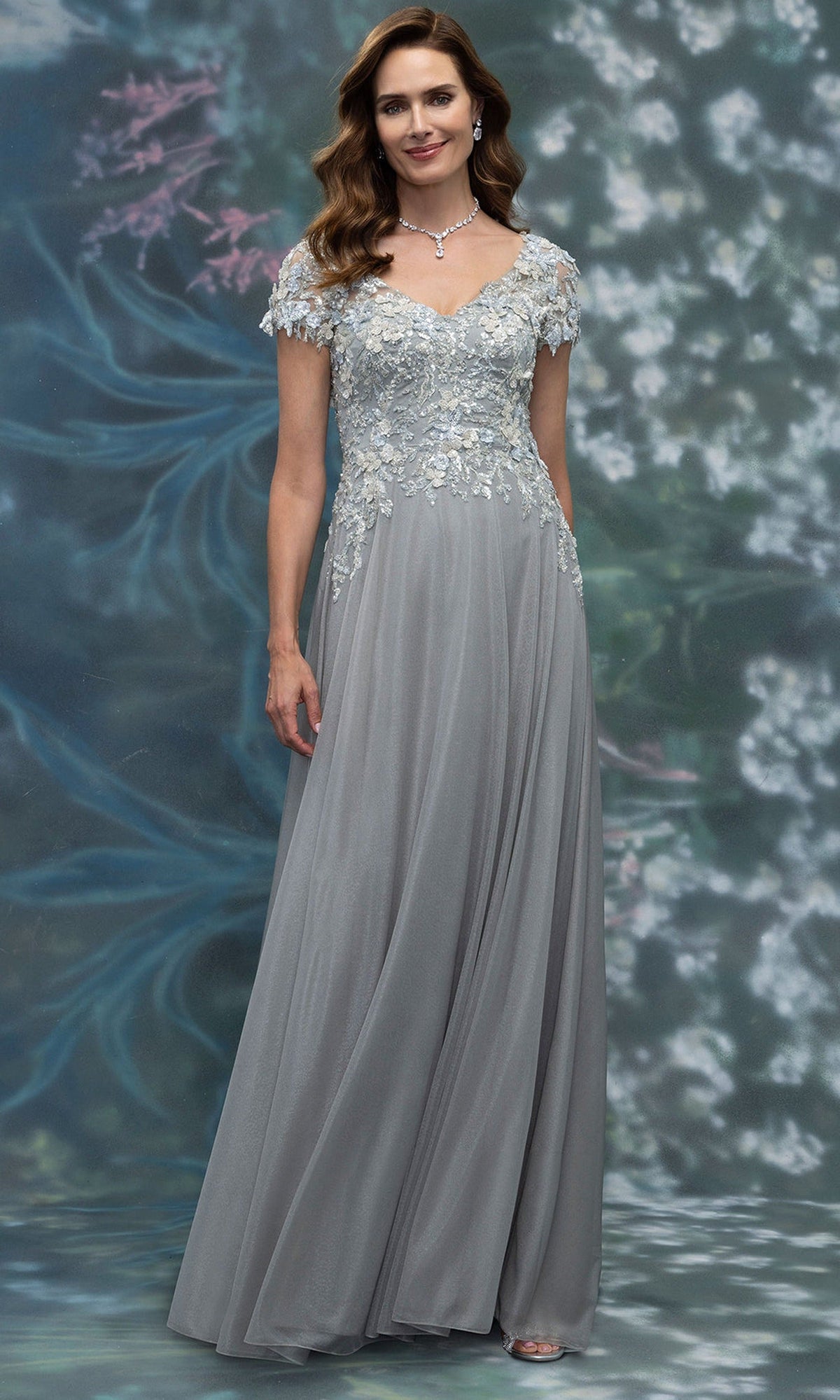 MGNY By Mori Lee 2070023 - Hand Beaded Short Sleeve Chiffon Gown