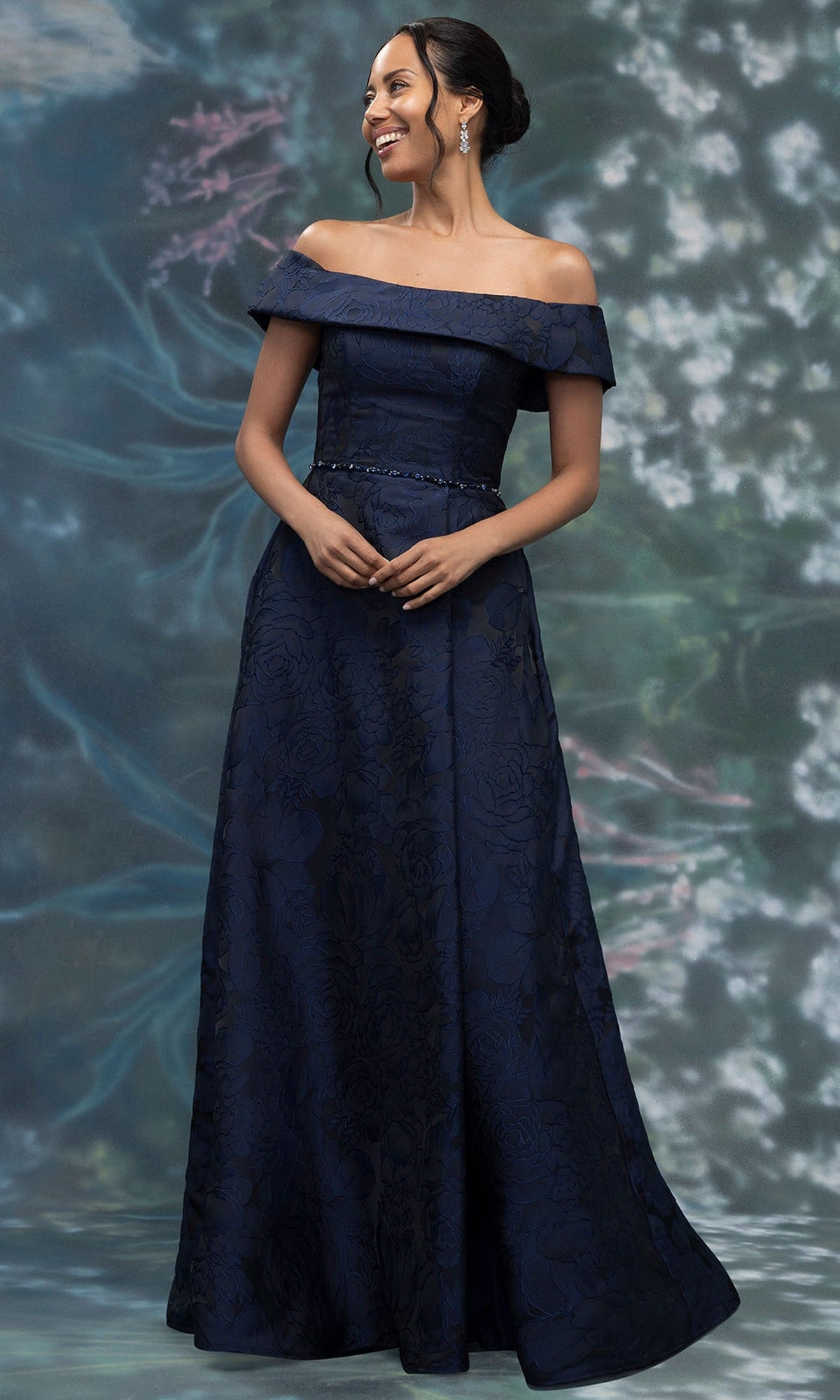 MGNY By Mori Lee 2070029 - Floral Texture A-Line Gown with Beaded Belt