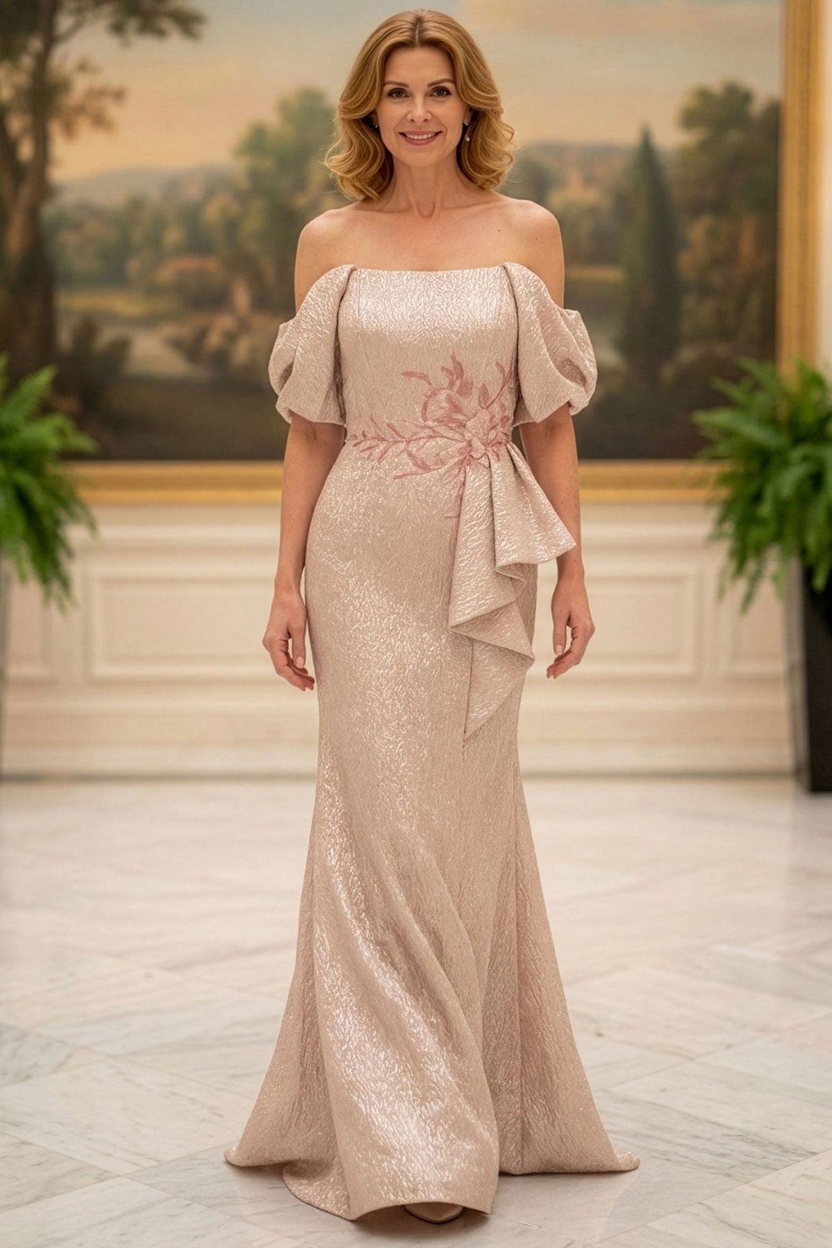 MGNY By Mori Lee 2070035 - Appliqued Straight Neckline Evening Gown