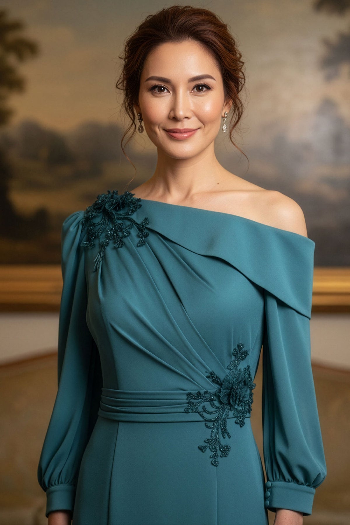 MGNY By Mori Lee 2070041 - Long Sleeve Asymmetric Crepe Evening Gown