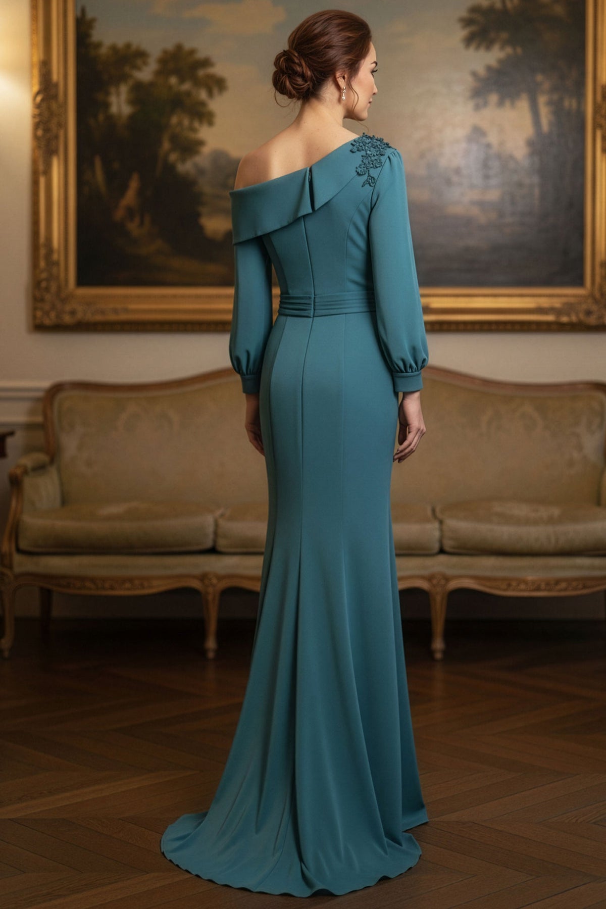 MGNY By Mori Lee 2070041 - Long Sleeve Asymmetric Crepe Evening Gown