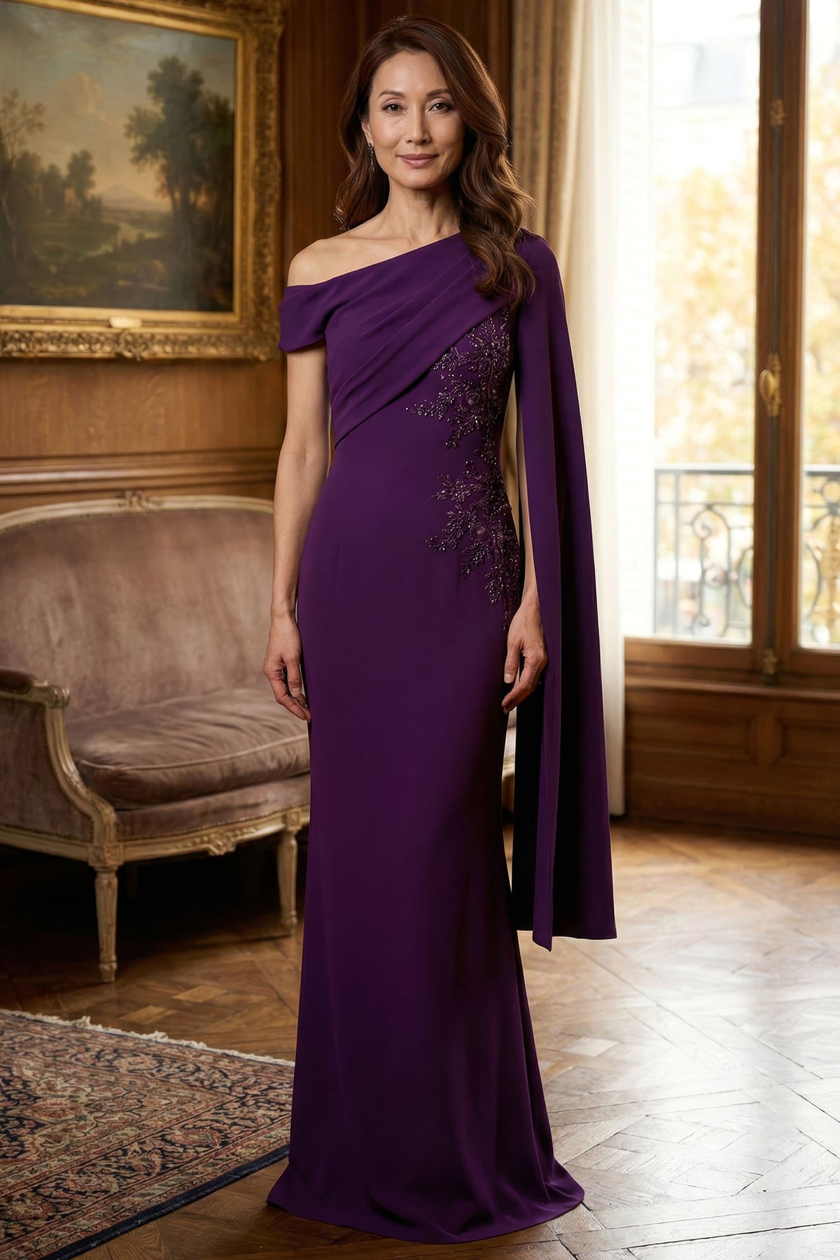 MGNY By Mori Lee 2070051 - Beaded Applique Cape Sleeve Evening Gown