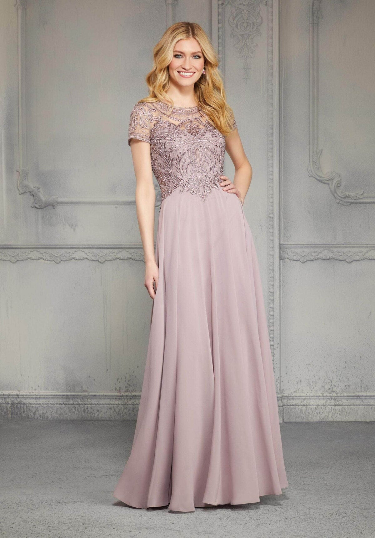 MGNY By Mori Lee - 71824 Embellished Bateau Chiffon A-line Dress