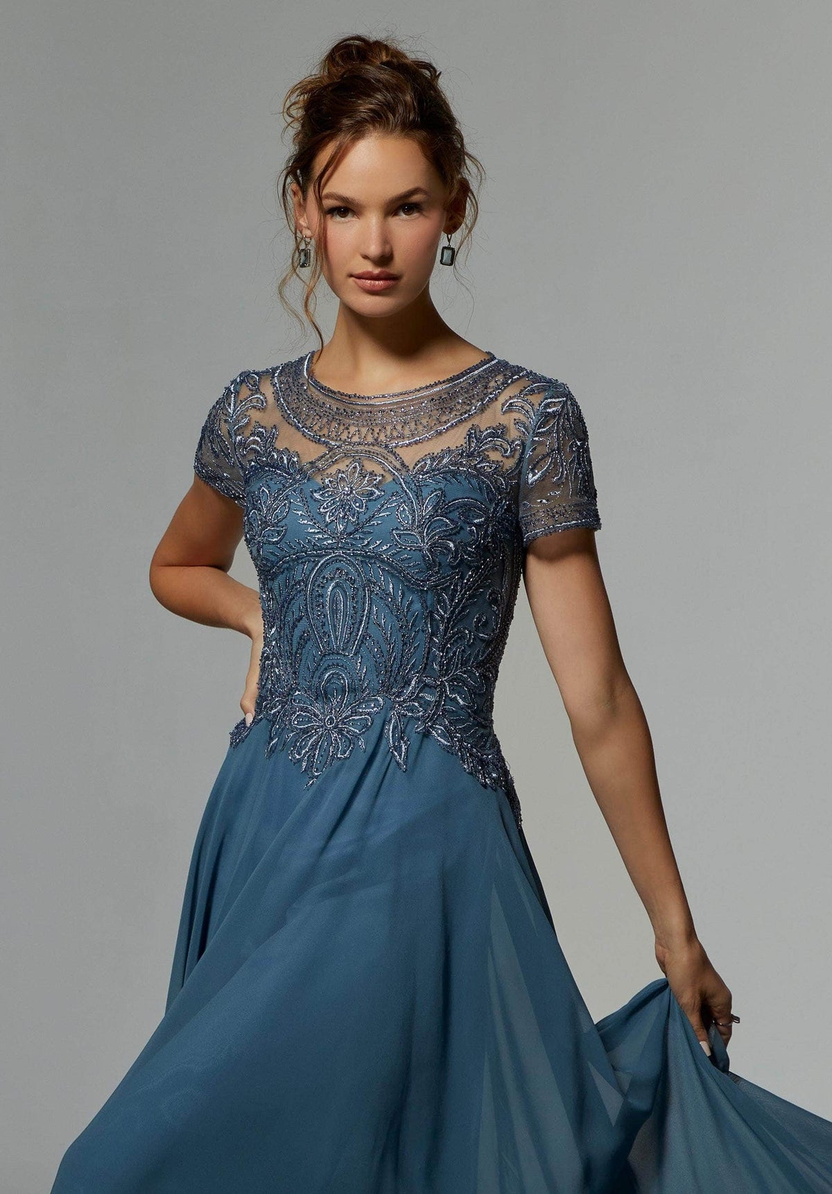 MGNY By Mori Lee - 71824 Embellished Bateau Chiffon A-line Dress
