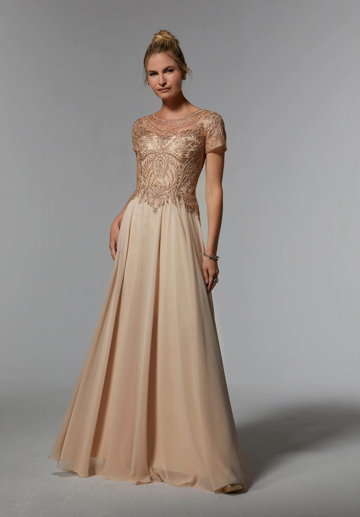 MGNY By Mori Lee - 71824 Embellished Bateau Chiffon A-line Dress