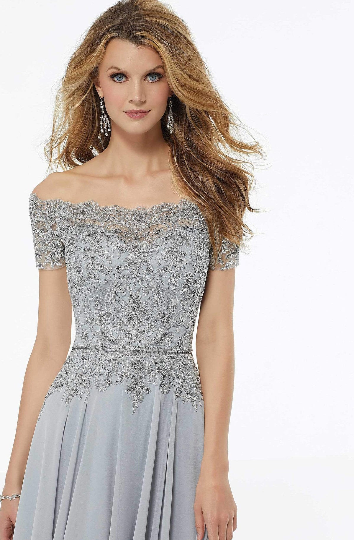 MGNY By Mori Lee - 72133 Off Shoulder Lace Appliqued Chiffon Dress
