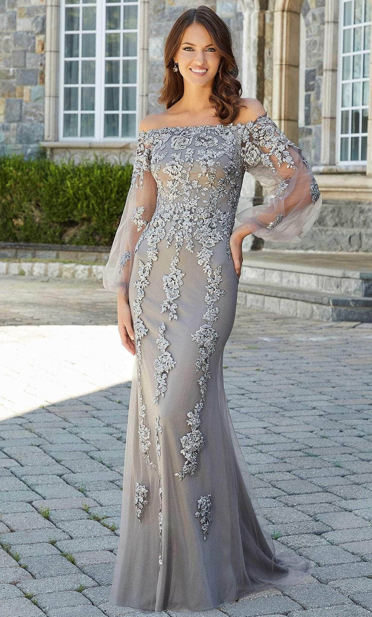 MGNY By Mori Lee 72734SC - Laced Straight Across Evening Dress