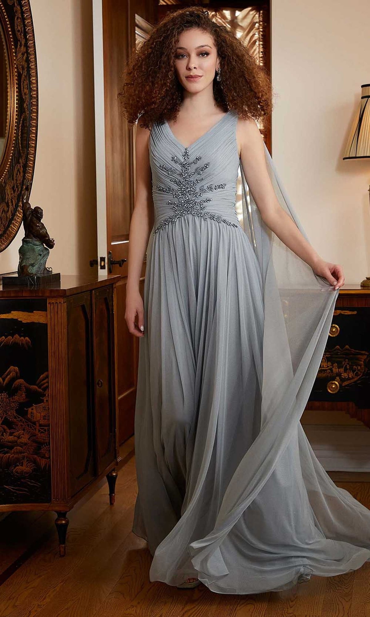 MGNY By Mori Lee 72818 - V-Neck Shimmer Mesh Evening Gown