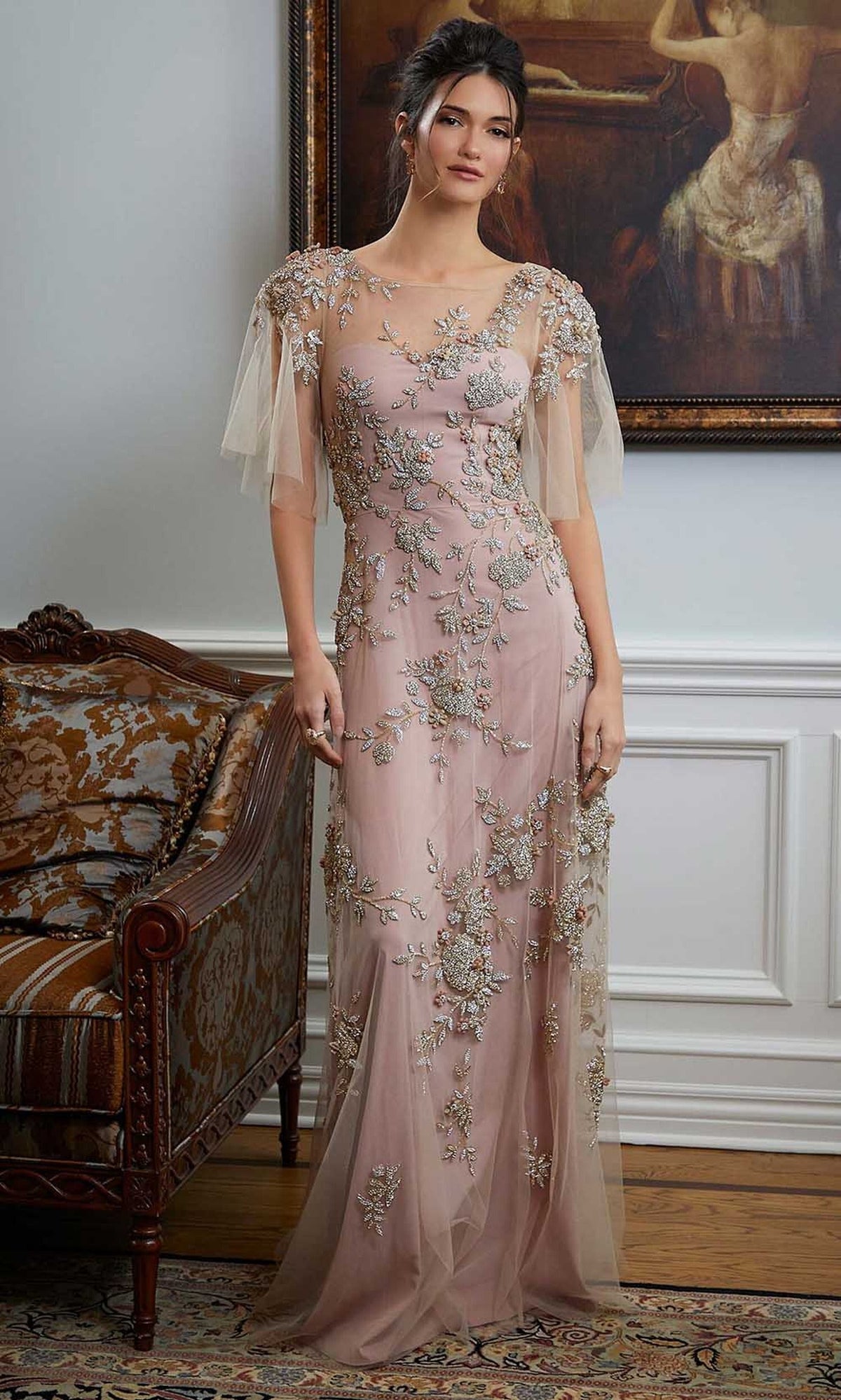 MGNY By Mori Lee 72837 - Floral Beaded Illusion Evening Gown