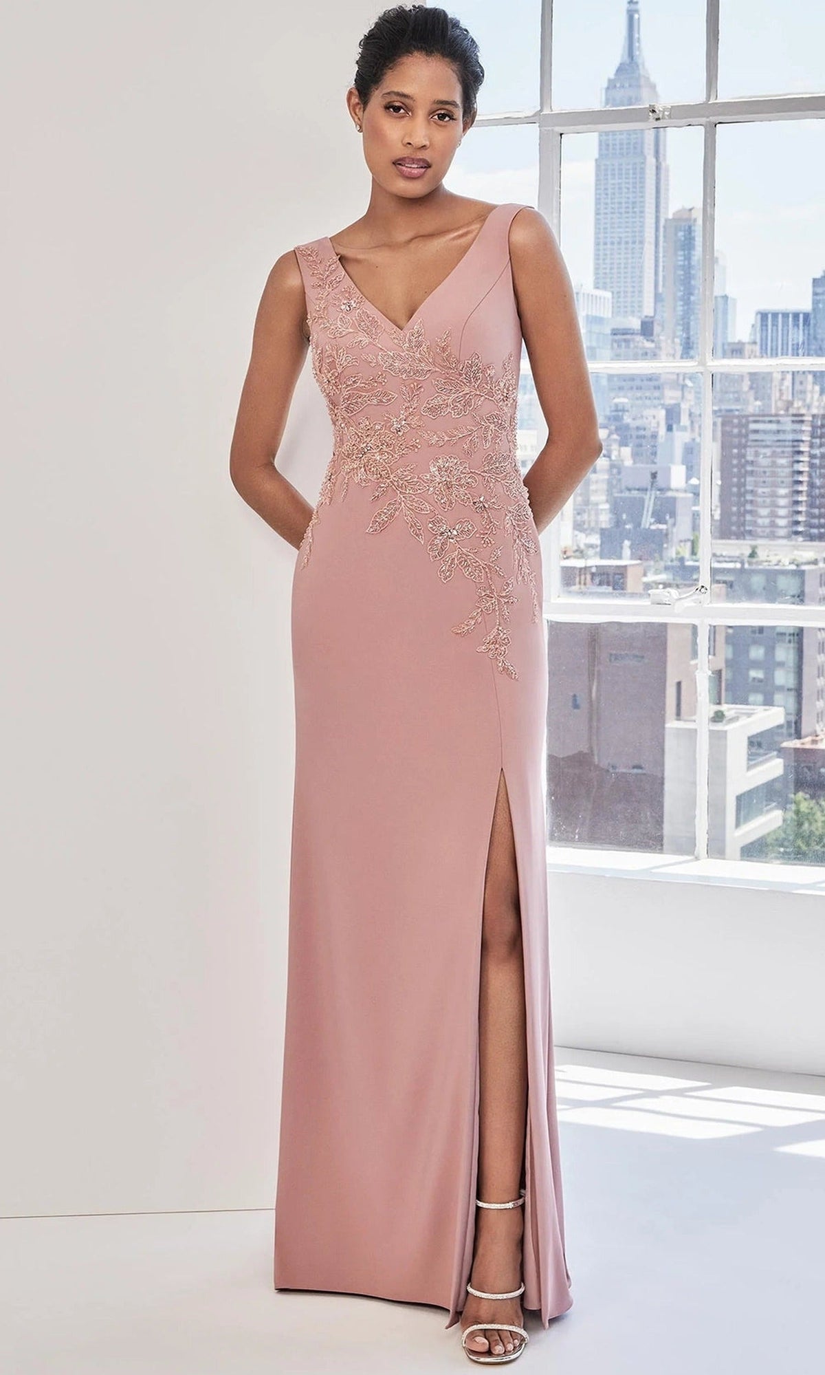MGNY By Mori Lee 73127 - Floral Appliqued Deep V-Neckline Gown