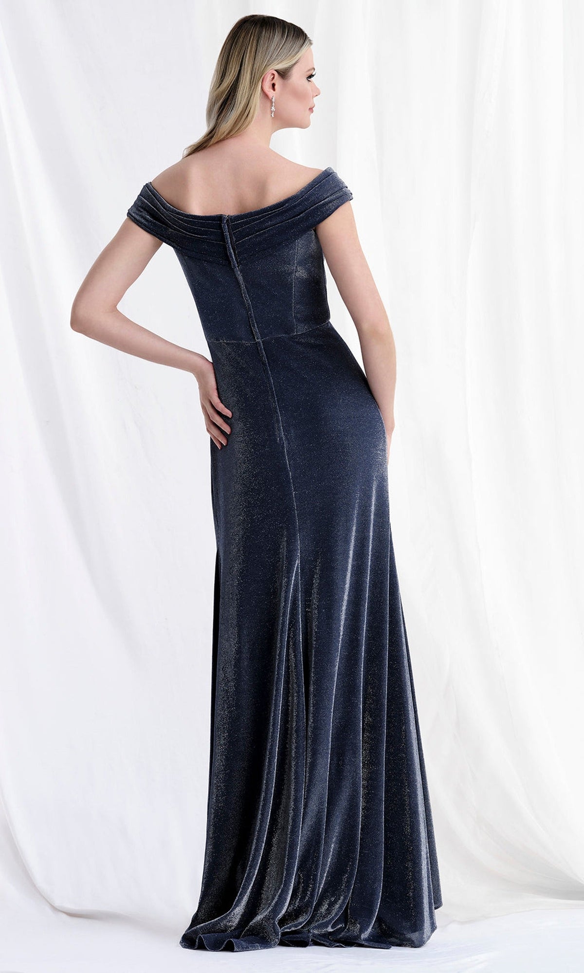 MGNY By Mori Lee 73152 - Off Shoulder Shimmer Jersey Gown with Slit