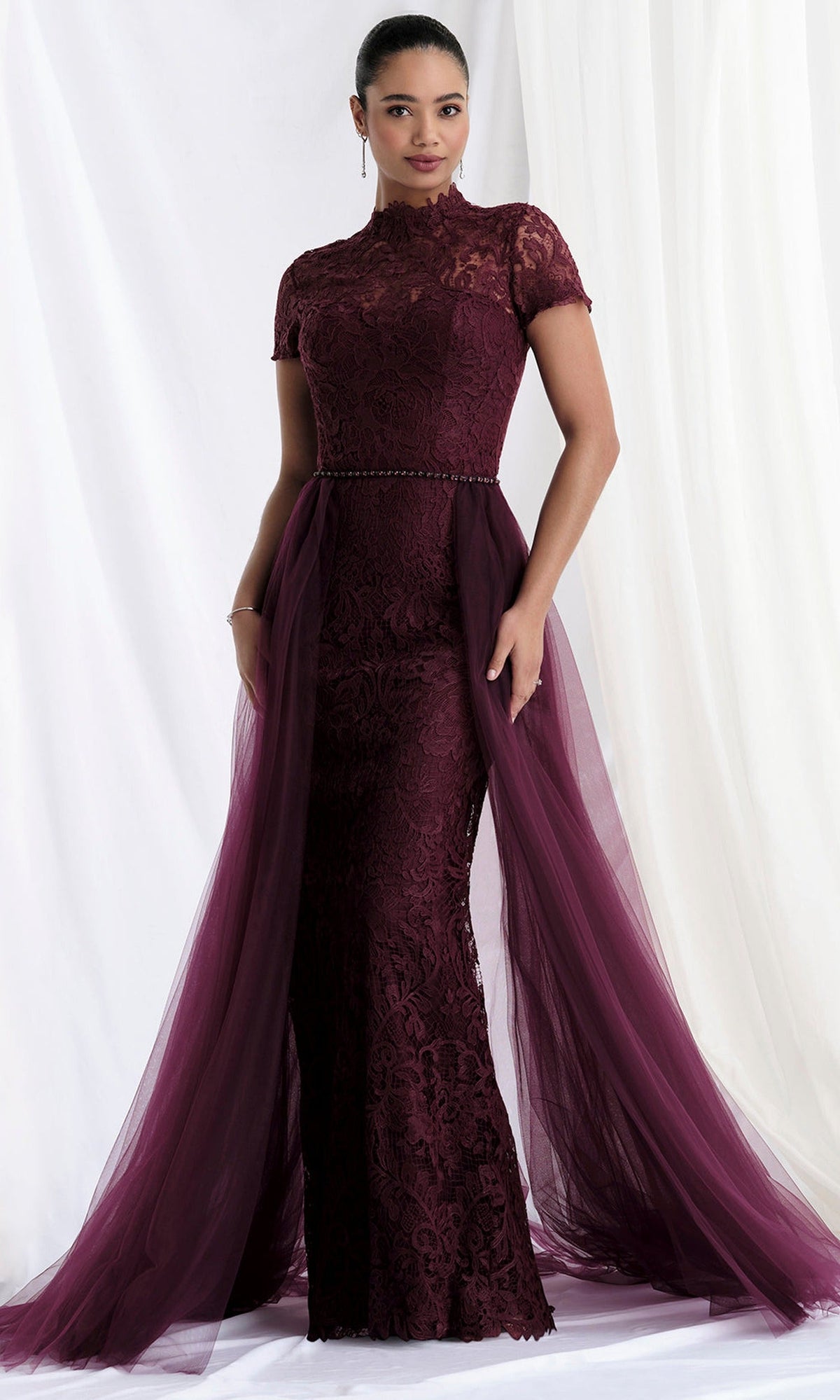 MGNY By Mori Lee 73164 - High Neck Lace Gown with Tulle Overskirt