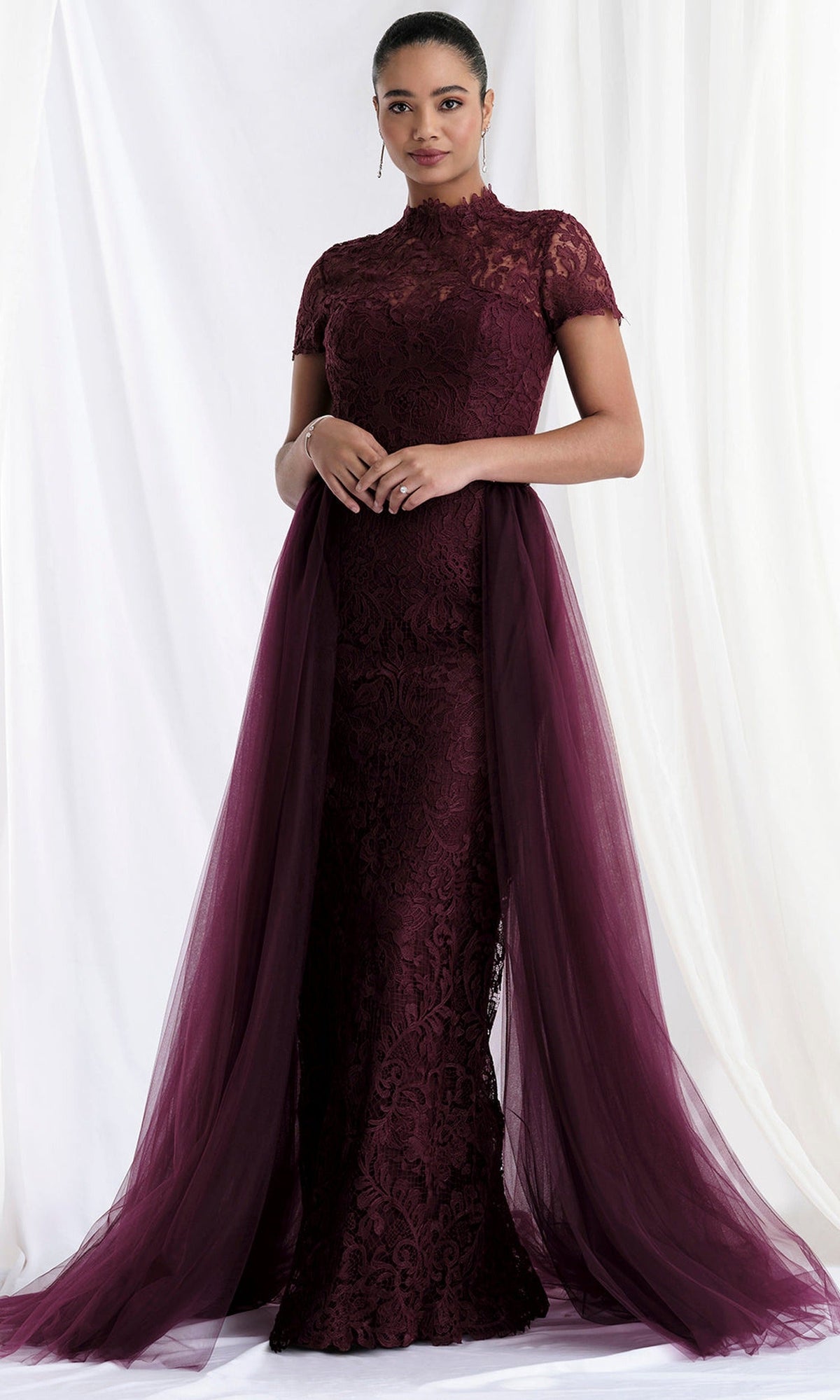 MGNY By Mori Lee 73164 - High Neck Lace Gown with Tulle Overskirt