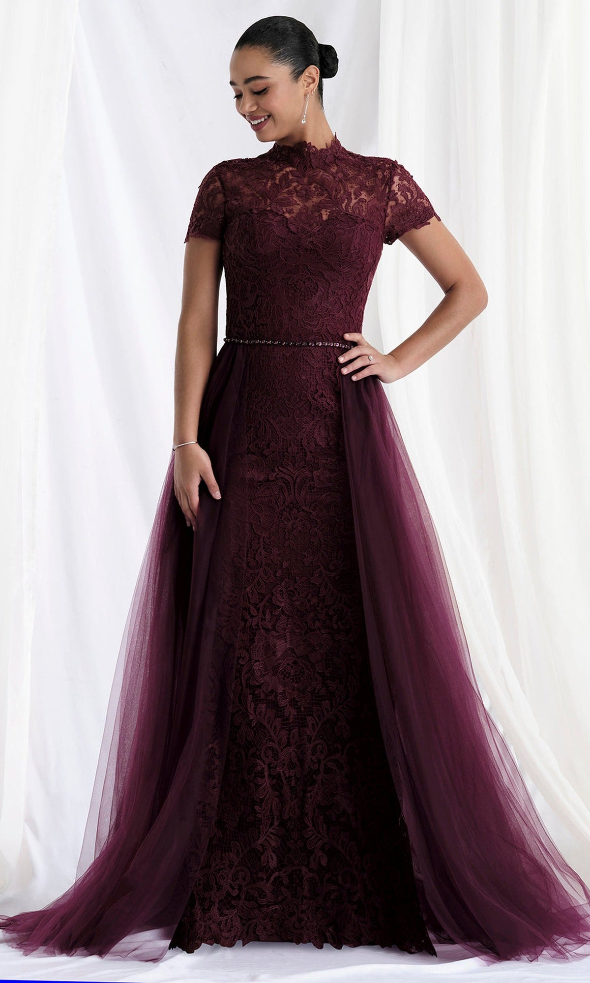 MGNY By Mori Lee 73164 - High Neck Lace Gown with Tulle Overskirt
