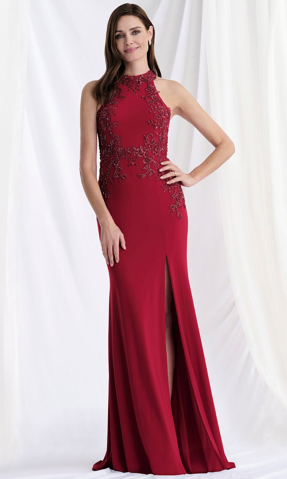 MGNY By Mori Lee 73168 - Beaded Applique Halter Gown with Slit