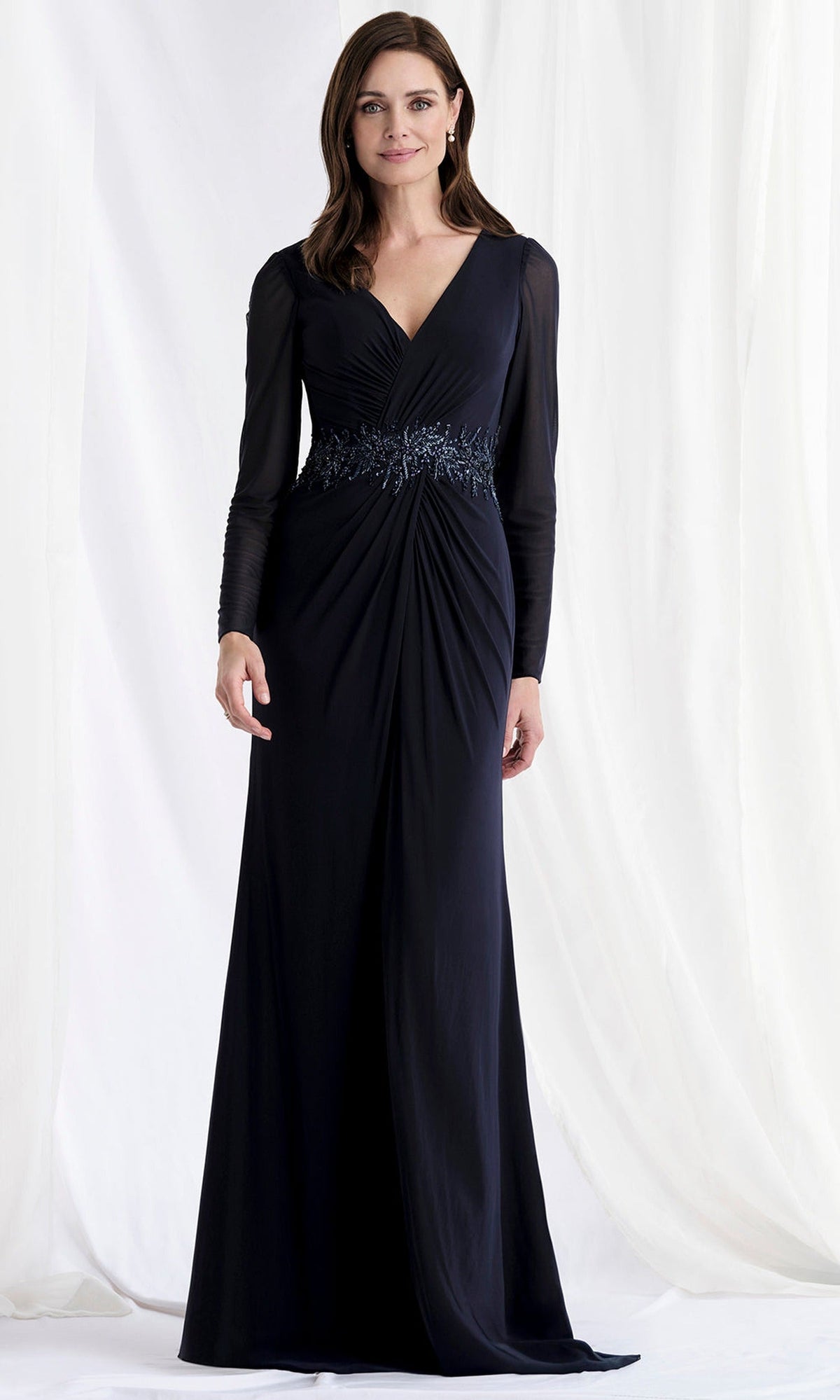 MGNY By Mori Lee 73175 - Surplice V-Neck Gown with Mesh Sleeves