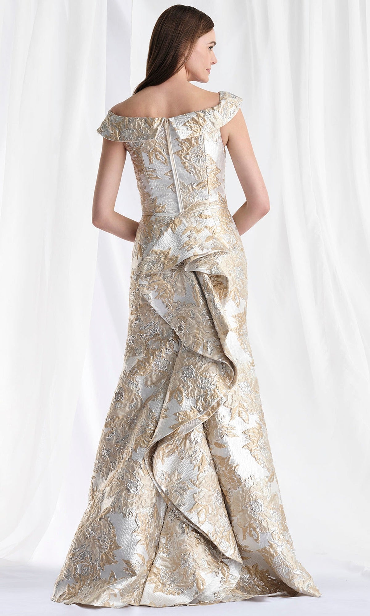 MGNY By Mori Lee 73181 - Ruffle Draped Back Metallic Brocade Gown