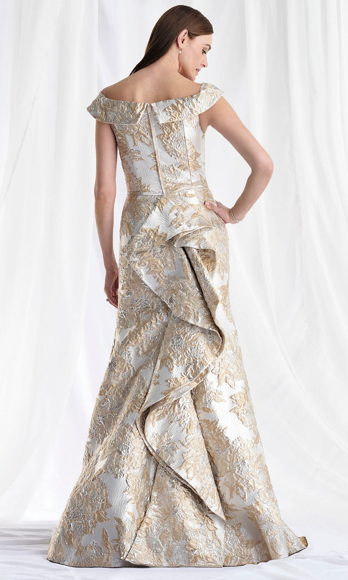 MGNY By Mori Lee 73181 - Ruffle Draped Back Metallic Brocade Gown