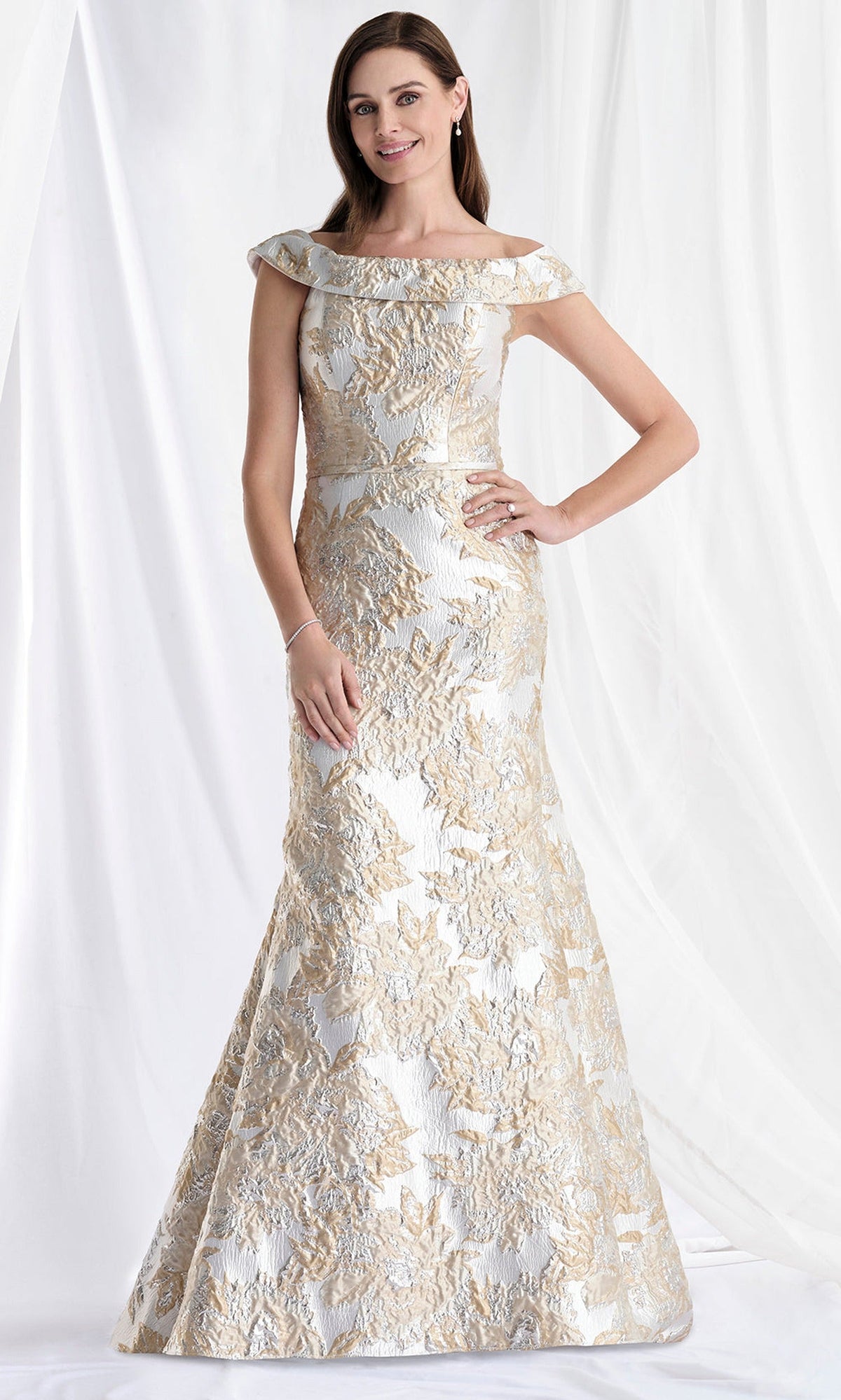 MGNY By Mori Lee 73181 - Ruffle Draped Back Metallic Brocade Gown