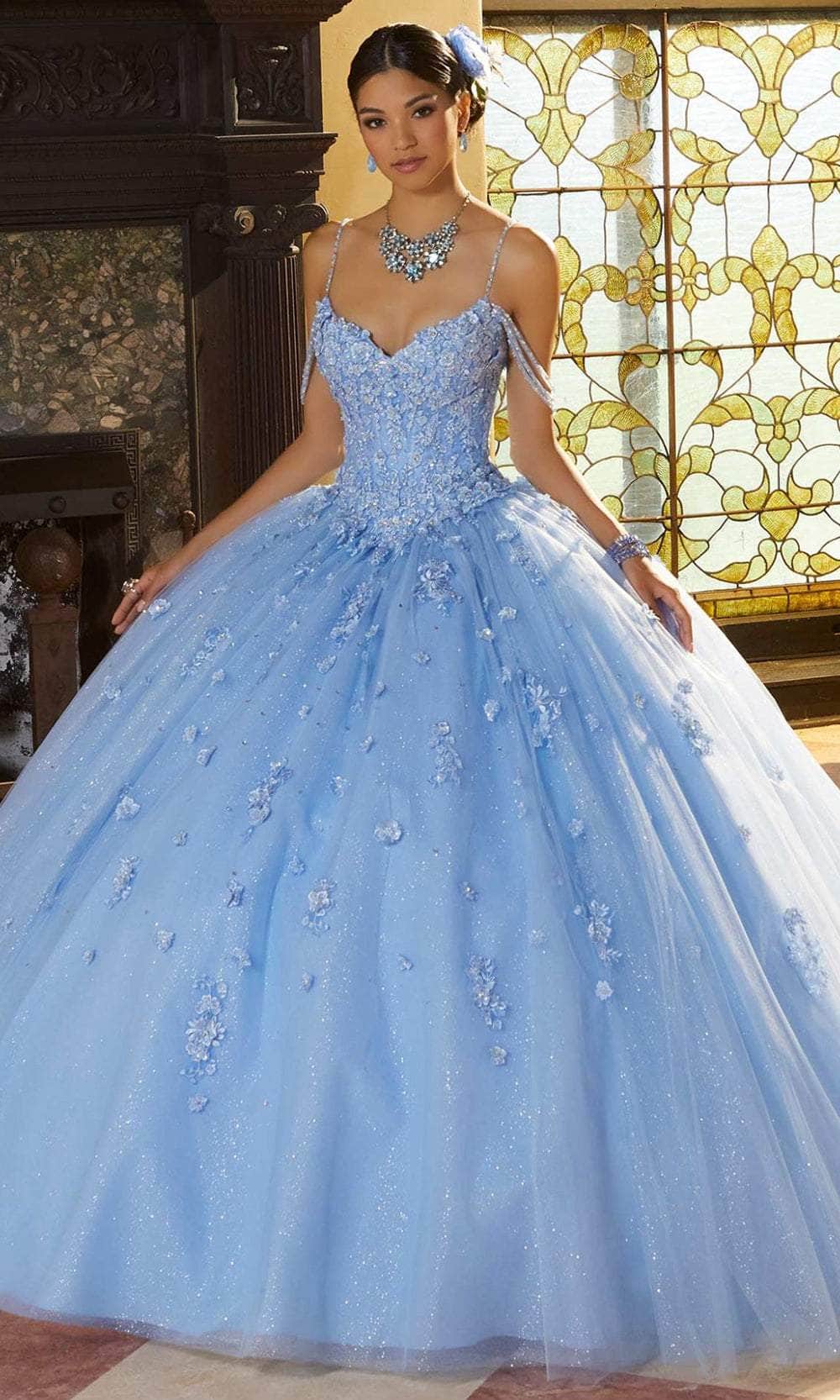 Mori Lee 60155 - Thin Strapped Floral Appliqued Ballgown - designer ball gown at Silhouette Dresses