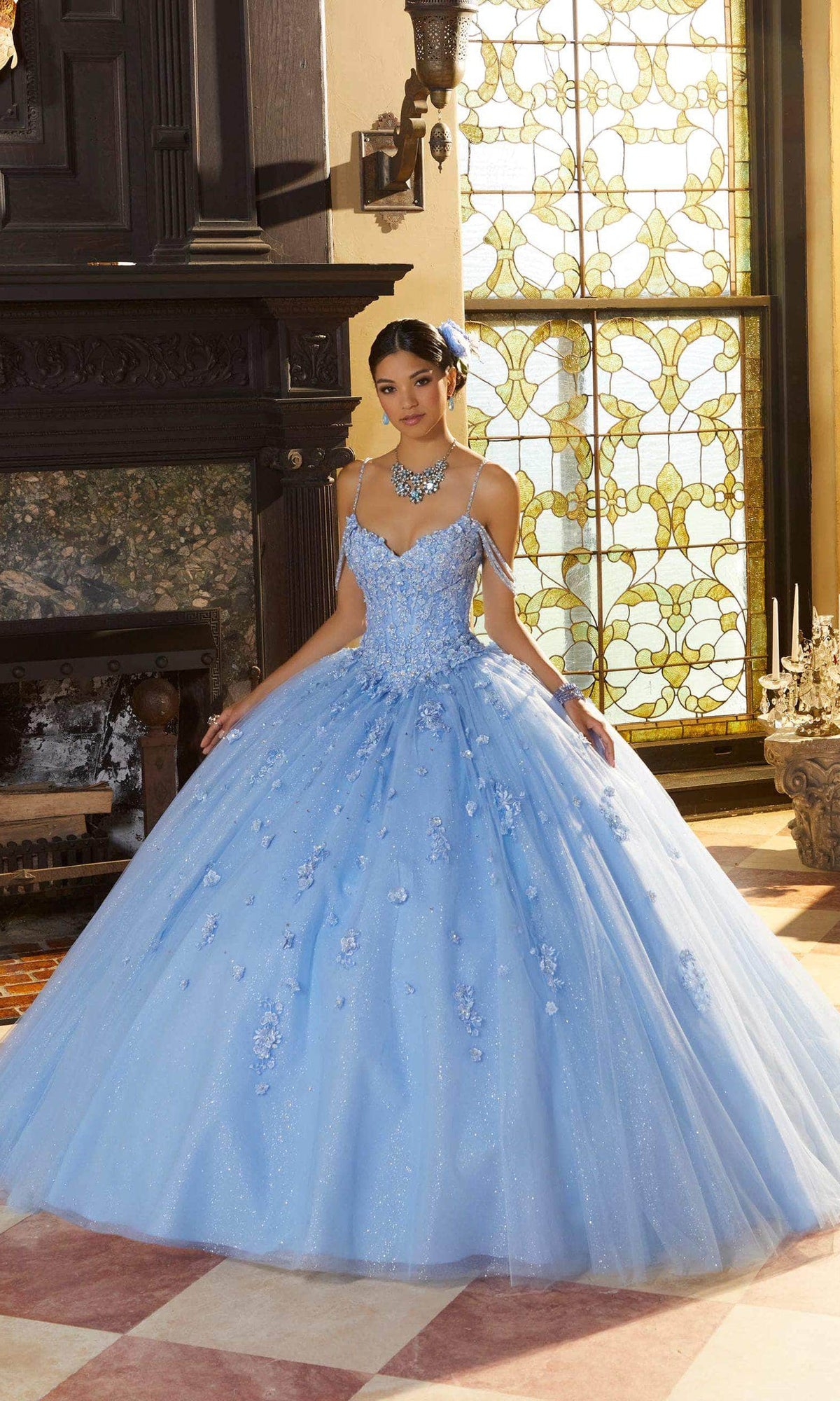 Mori Lee 60155 - Thin Strapped Floral Appliqued Ballgown - back view