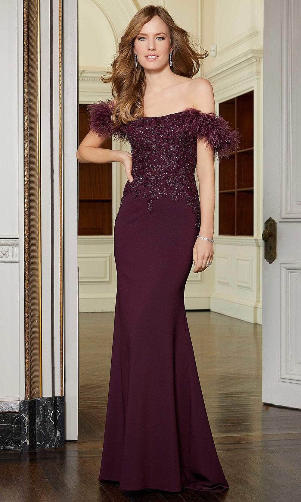 Mori Lee 72621 - Feathered Off-Shoulder Evening Gown - detail view