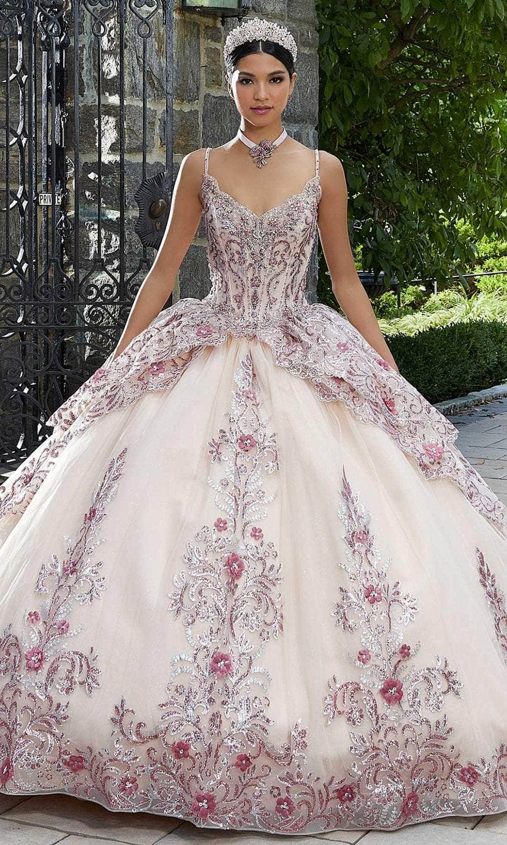 Mori Lee 89338 - Thin Strap Bedazzled Layered Gown - designer ball gown at Silhouette Dresses