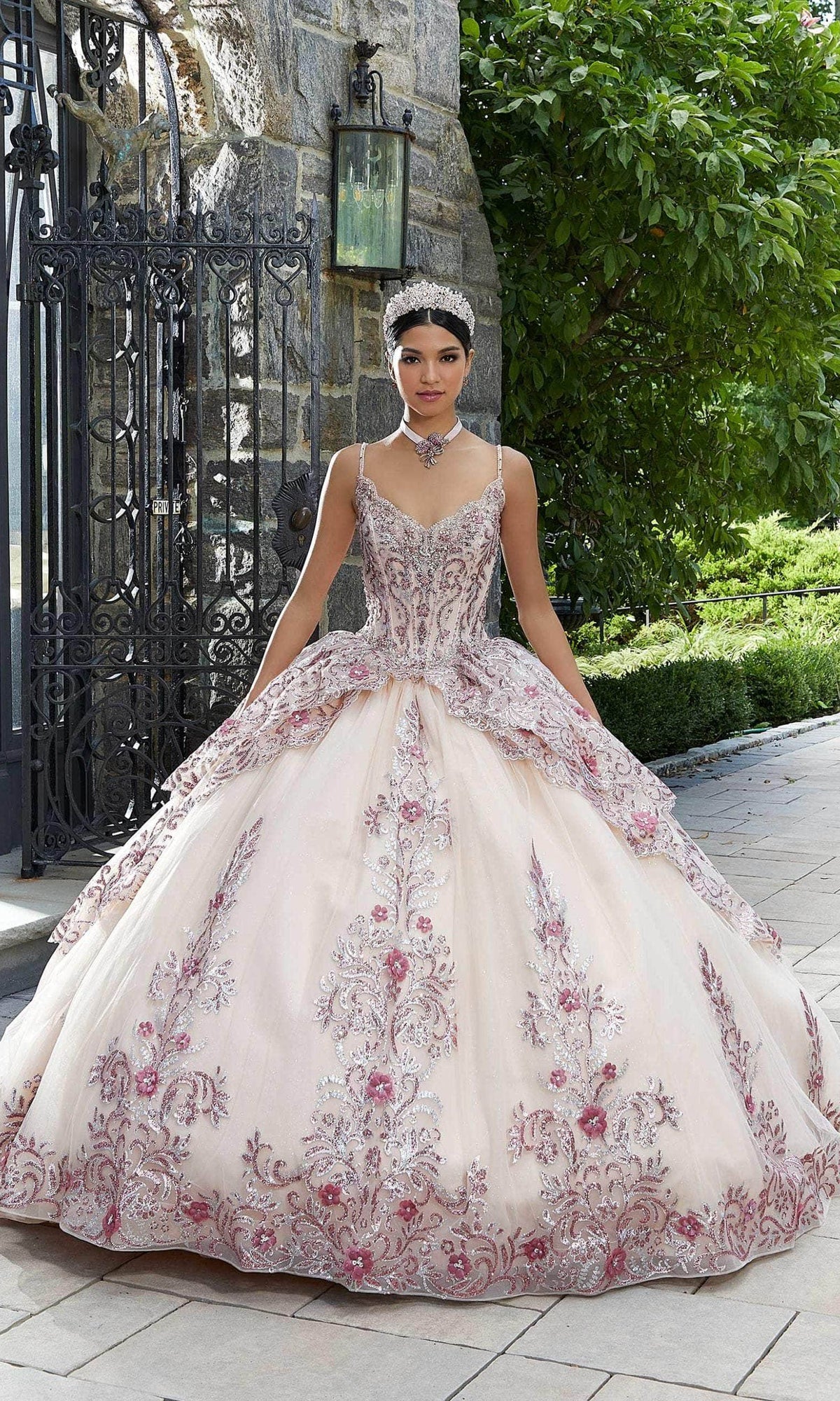 Mori Lee 89338 - Thin Strap Bedazzled Layered Gown - detail view