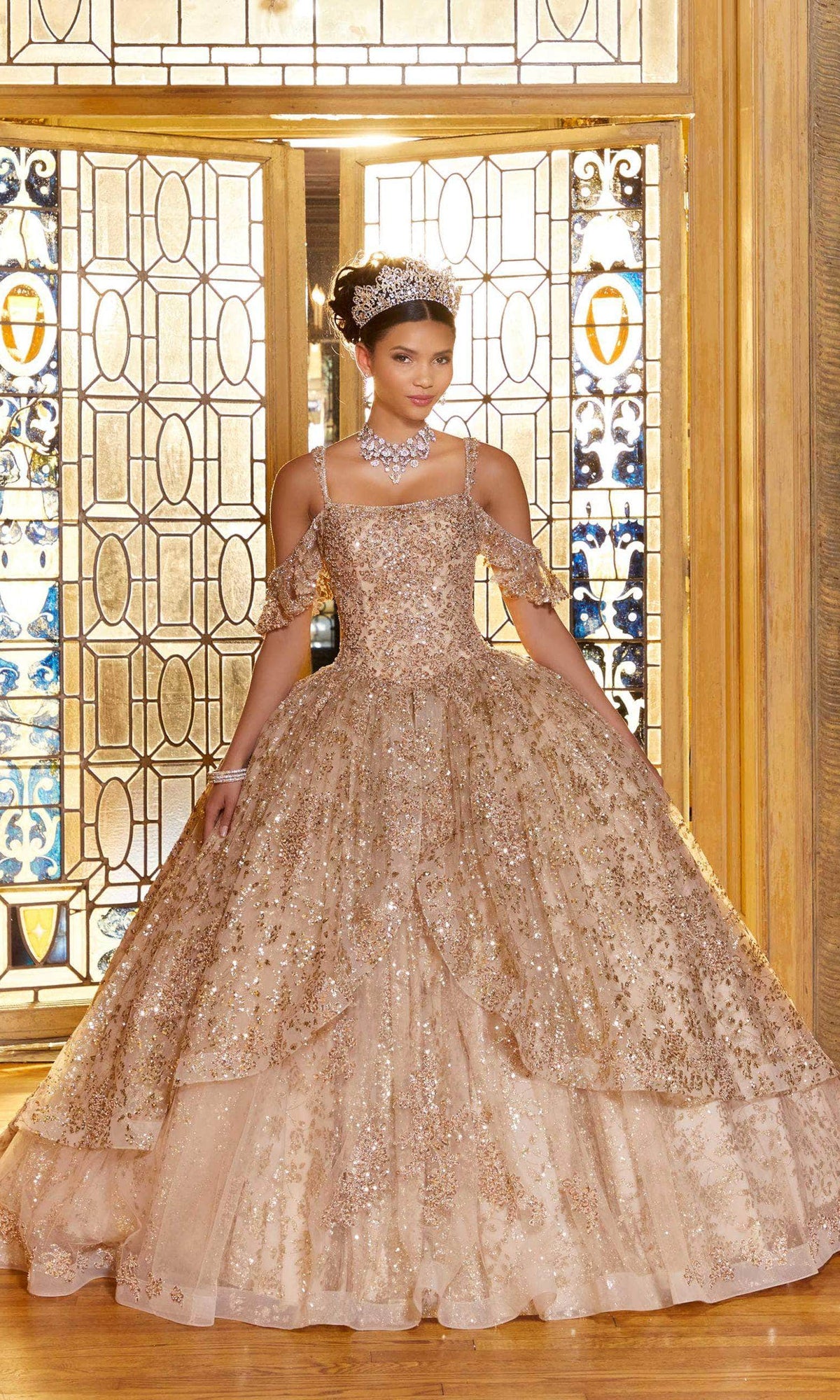Mori Lee 89346 - Sequined Off-Shoulder Quinceañera Dress - detail view