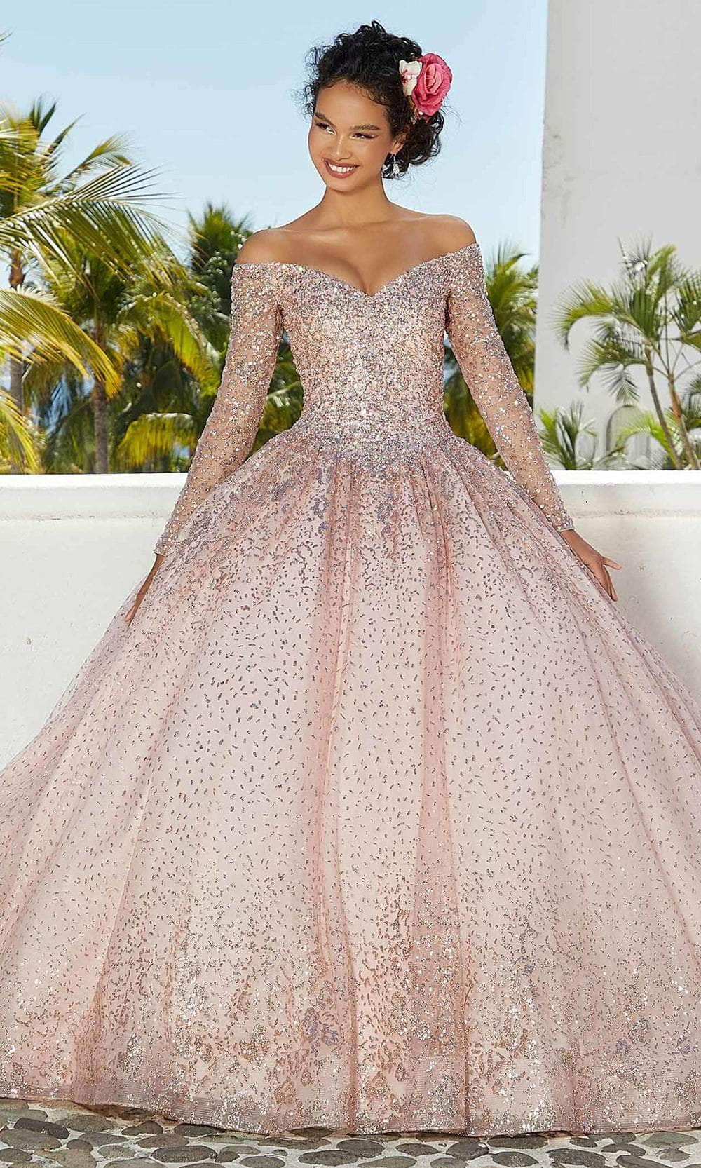 Mori Lee 89355 - Beaded Long Sleeves Quinceñera Dress - detail view