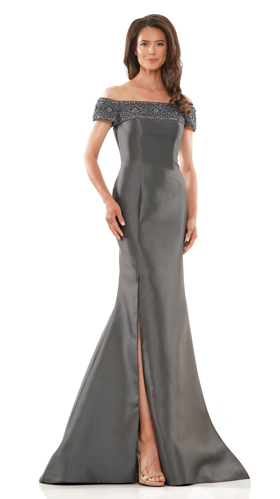 Marsoni by Colors MV1184 - Beaded Off Shoulder Evening Dress with Slit - designer mother of the bride dress at Silhouette Dre