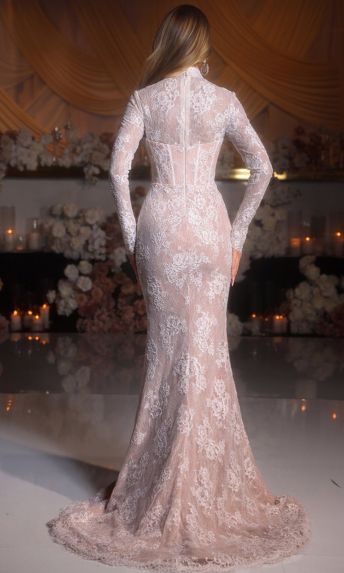 Portia and Scarlett PS25857E - Floral Lace Long Sleeve Evening Gown