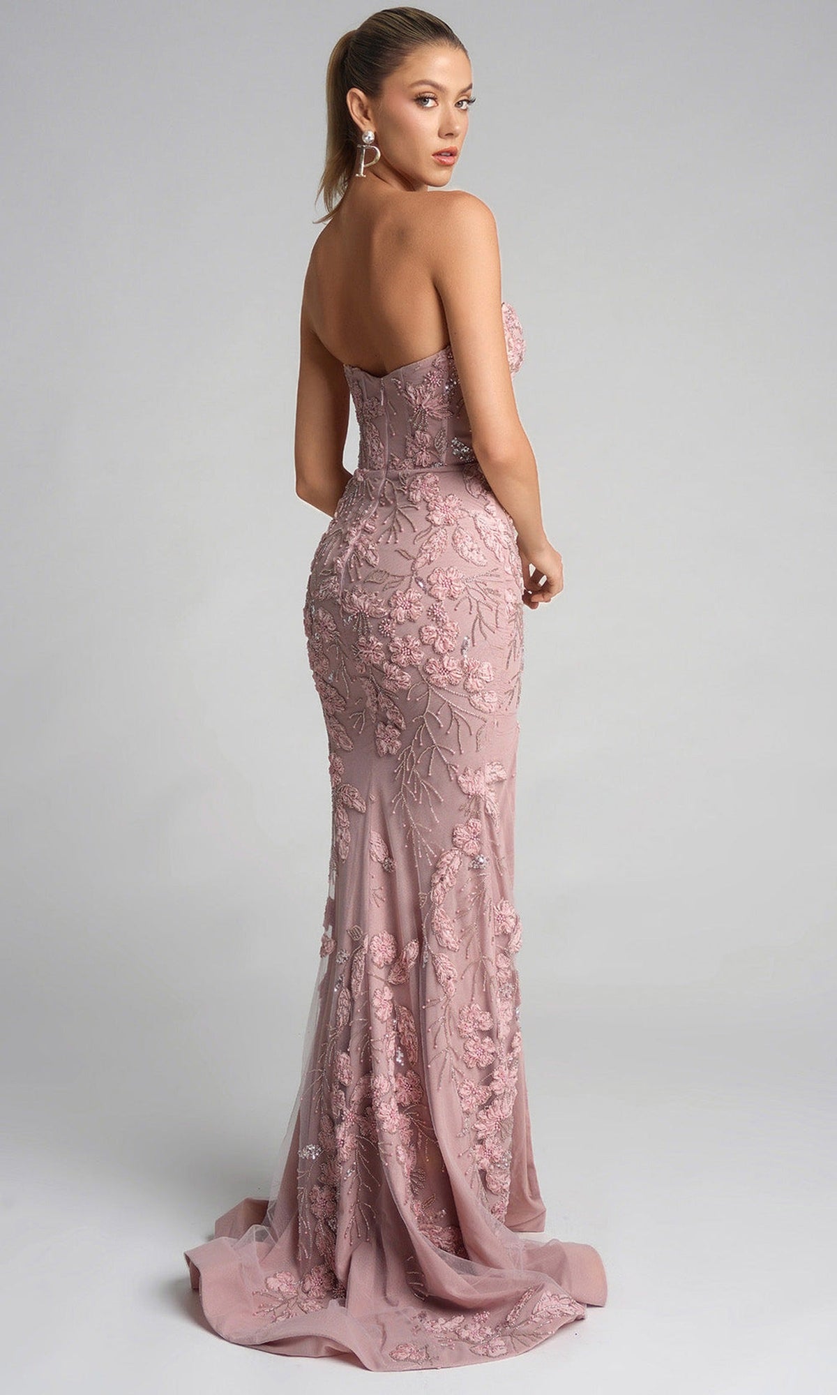 Portia and Scarlett PS26074 - Embroidered Floral Side Slit Gown