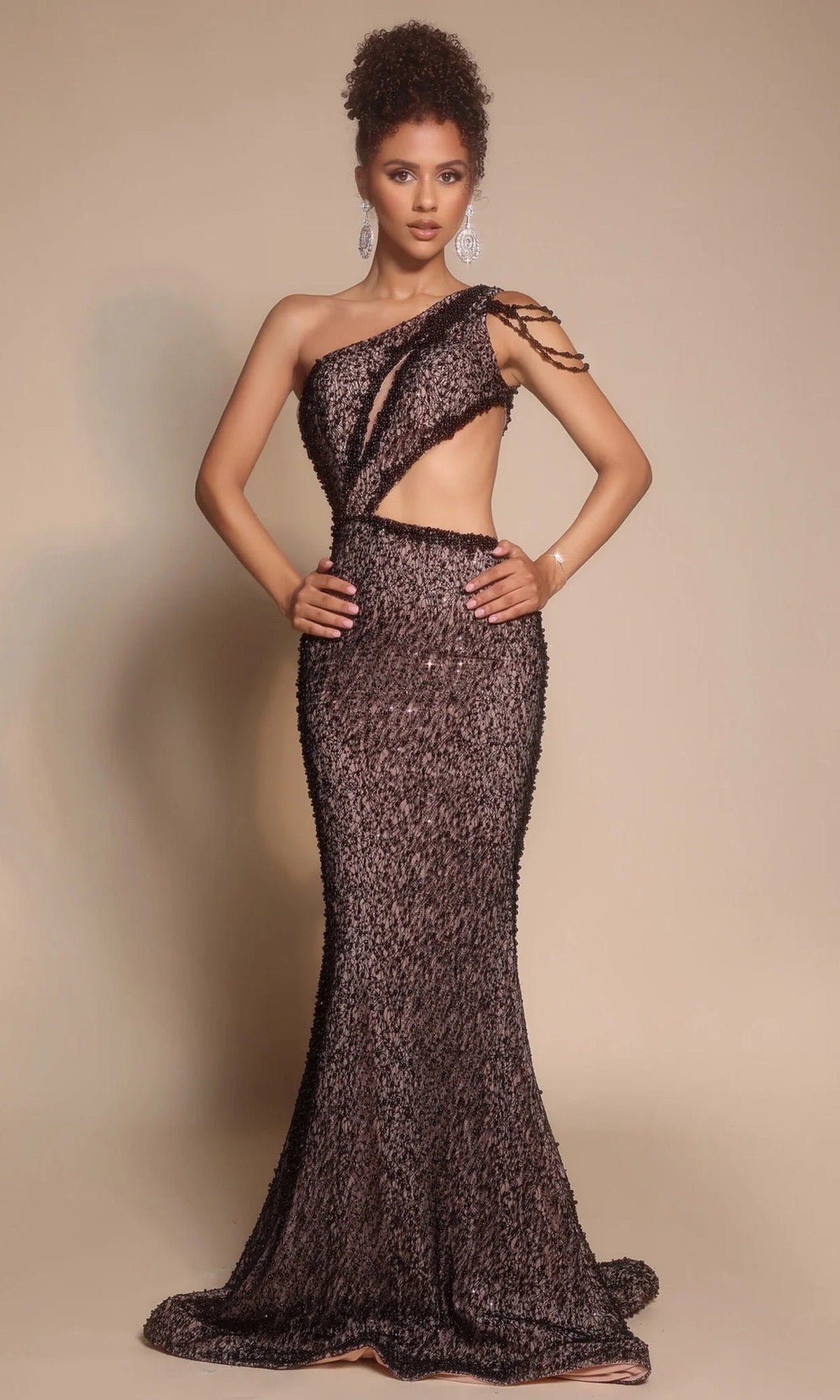 Portia and Scarlett PS26115 - One Shoulder Beaded Cutout Dress