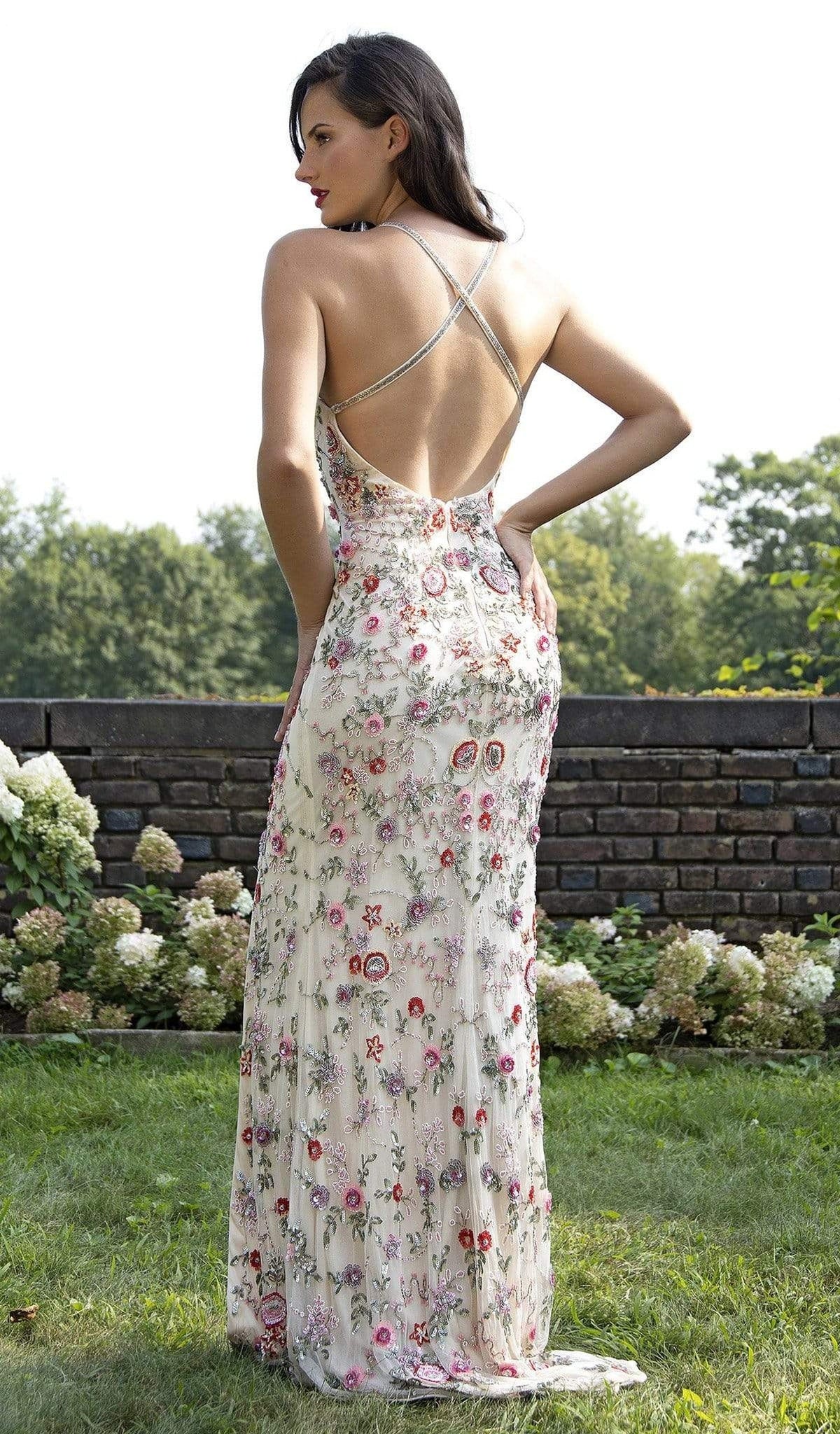Primavera Couture - 3073 Beaded V-neck Sheath Dress With Slit
