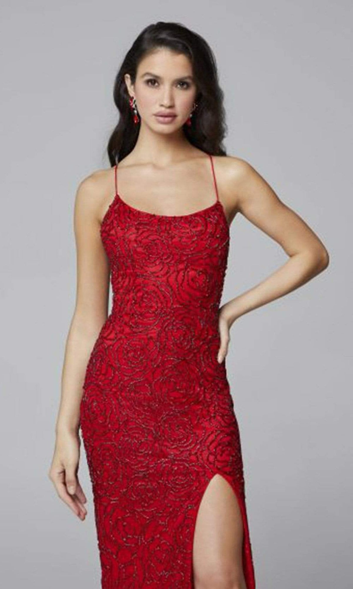 Primavera Couture - 3638 Lace-up Open Back Beaded High Slit Dress