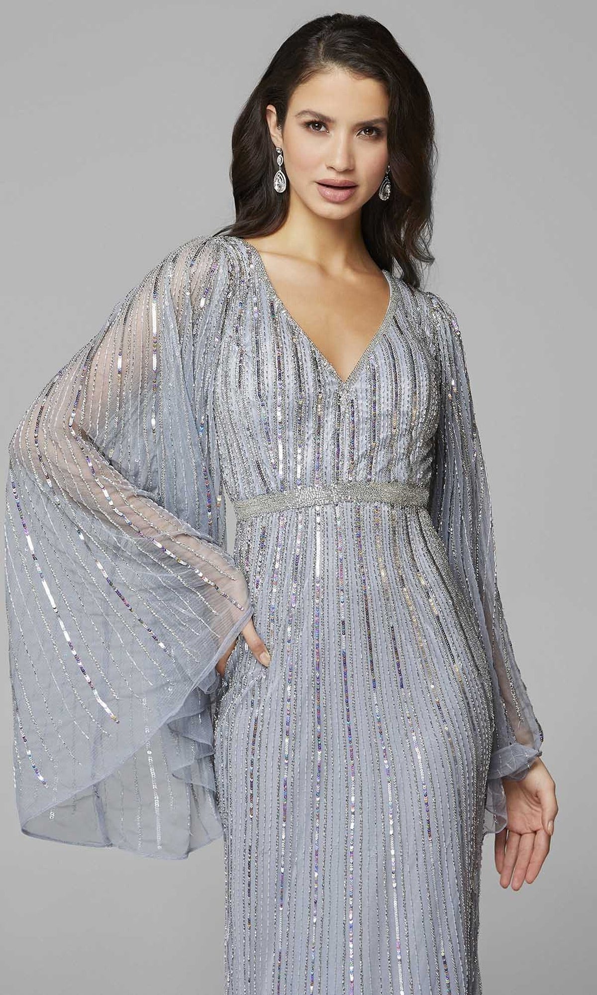 Primavera Couture - 3672 Sequined Long Bell Sleeve Sheath Dress