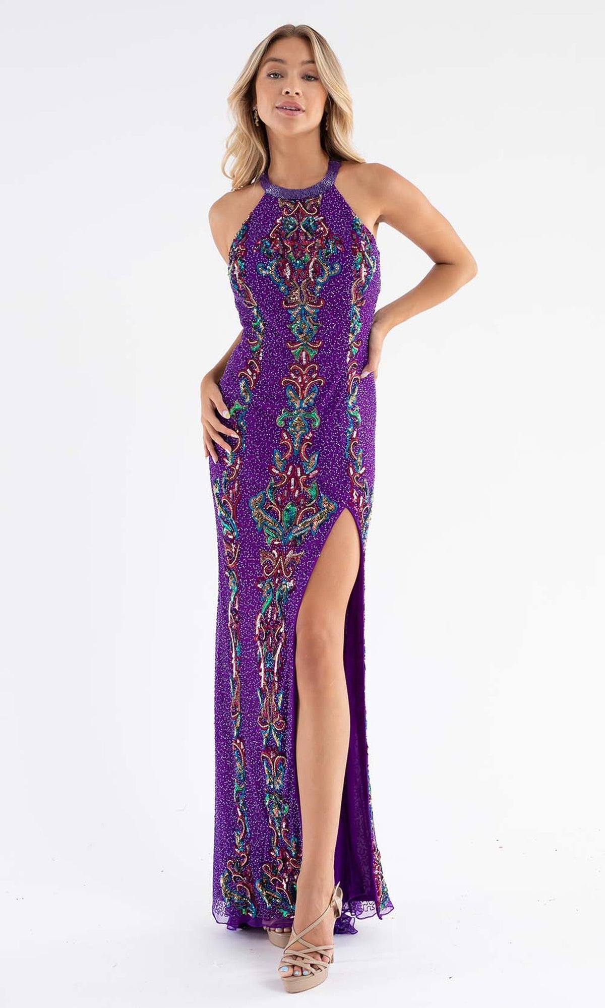 Primavera Couture - 3742 Halter Neckline Open Strappy Back Prom Dress