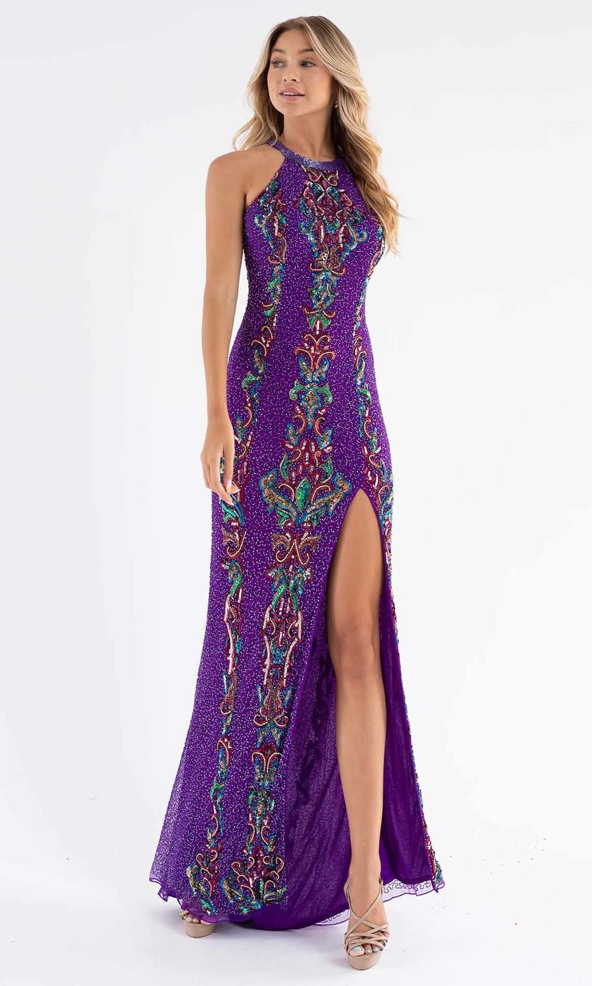 Primavera Couture - 3742 Halter Neckline Open Strappy Back Prom Dress