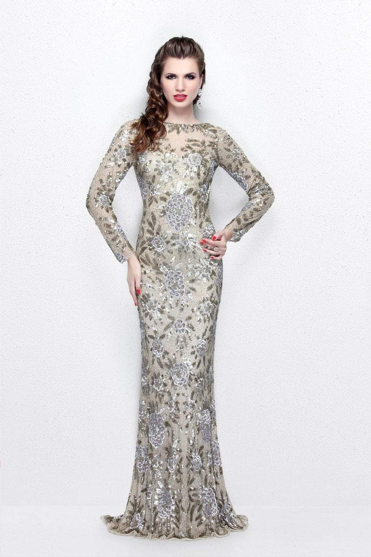 Primavera Couture - Long Sleeve Luxurious Floral Sequined Long Sheath Gown 1401