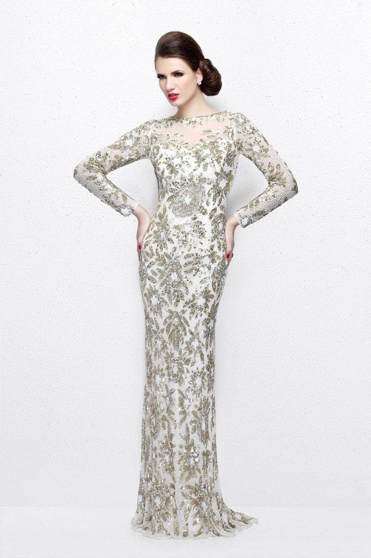 Primavera Couture - Long Sleeve Luxurious Floral Sequined Long Sheath Gown 1401