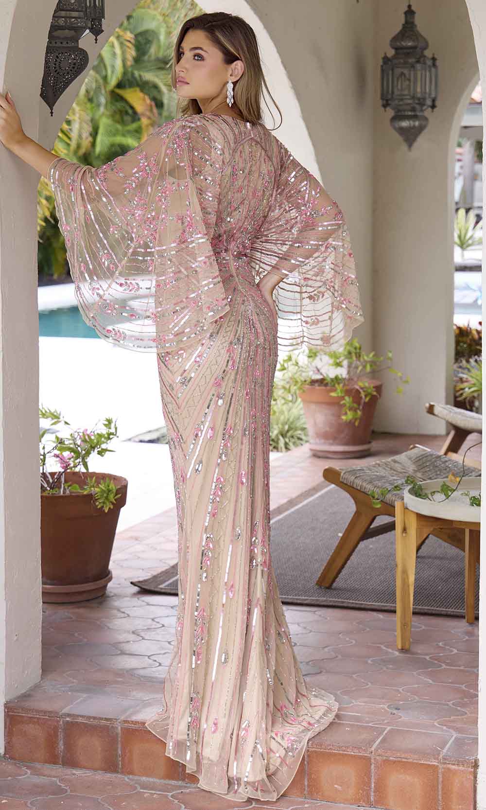 Primavera Couture 12189 - V-Neck Cape Sleeve Sequin Evening Gown - detail view