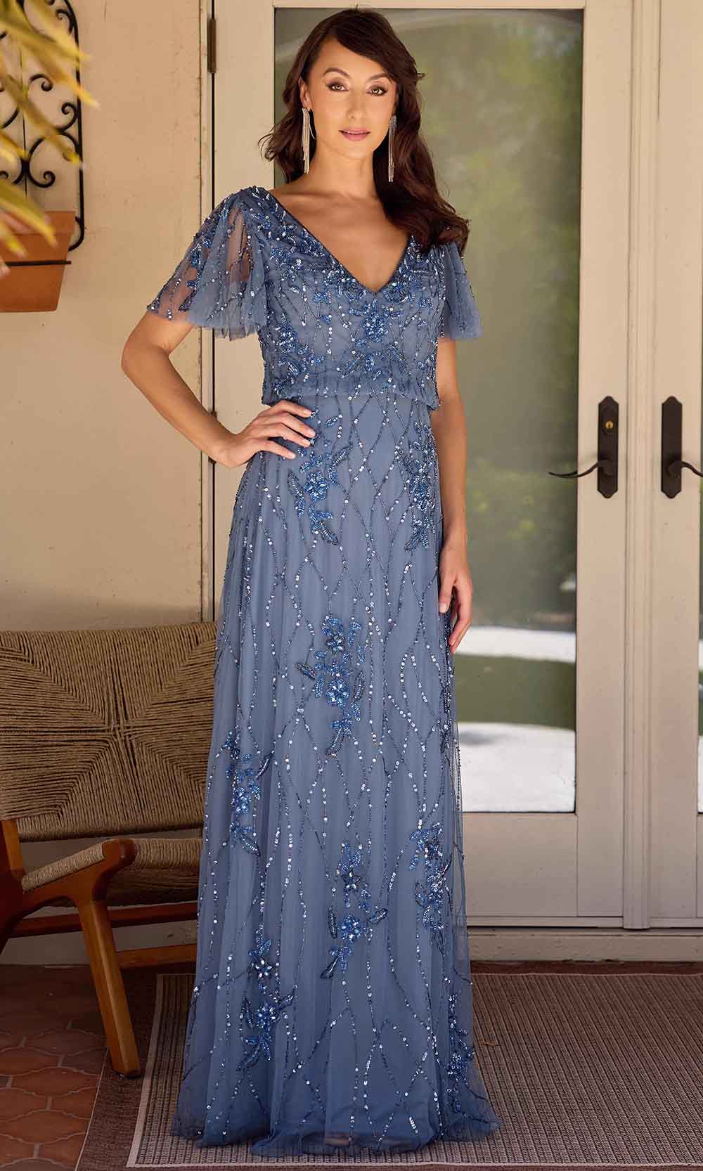 Primavera Couture 13144 - Flutter Sleeve Floral Beaded Evening Dress - detail view