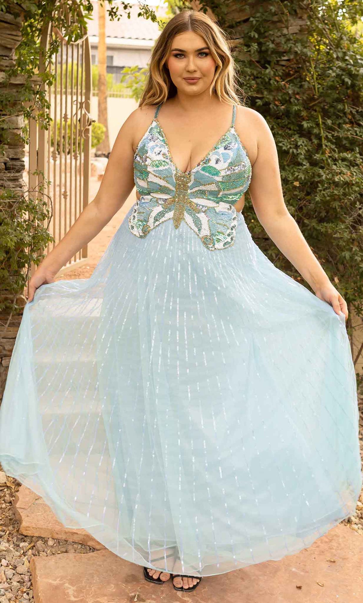Primavera Couture 14011 - Butterfly Top Sequined Flowy Dress - detail view