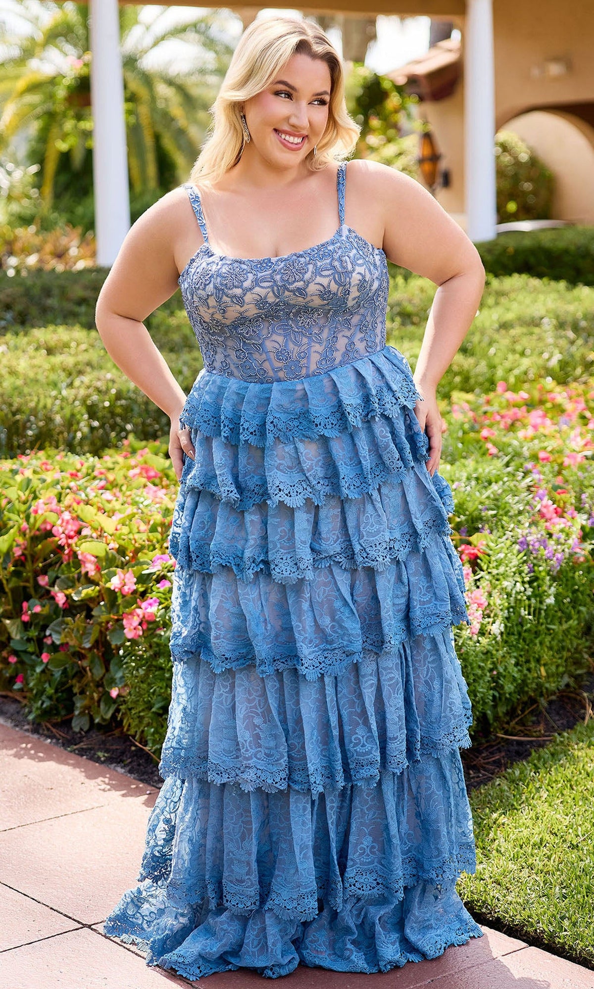 Primavera Couture 14110 - Tiered Floral Lace Evening Dress