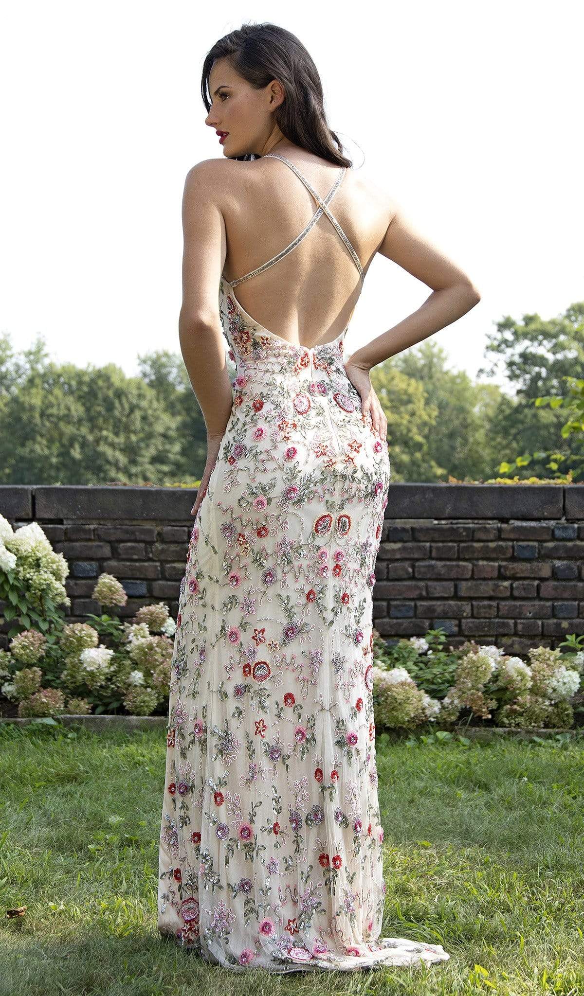 Primavera Couture - 3073 Beaded V-neck Sheath Dress With Slit - view 5